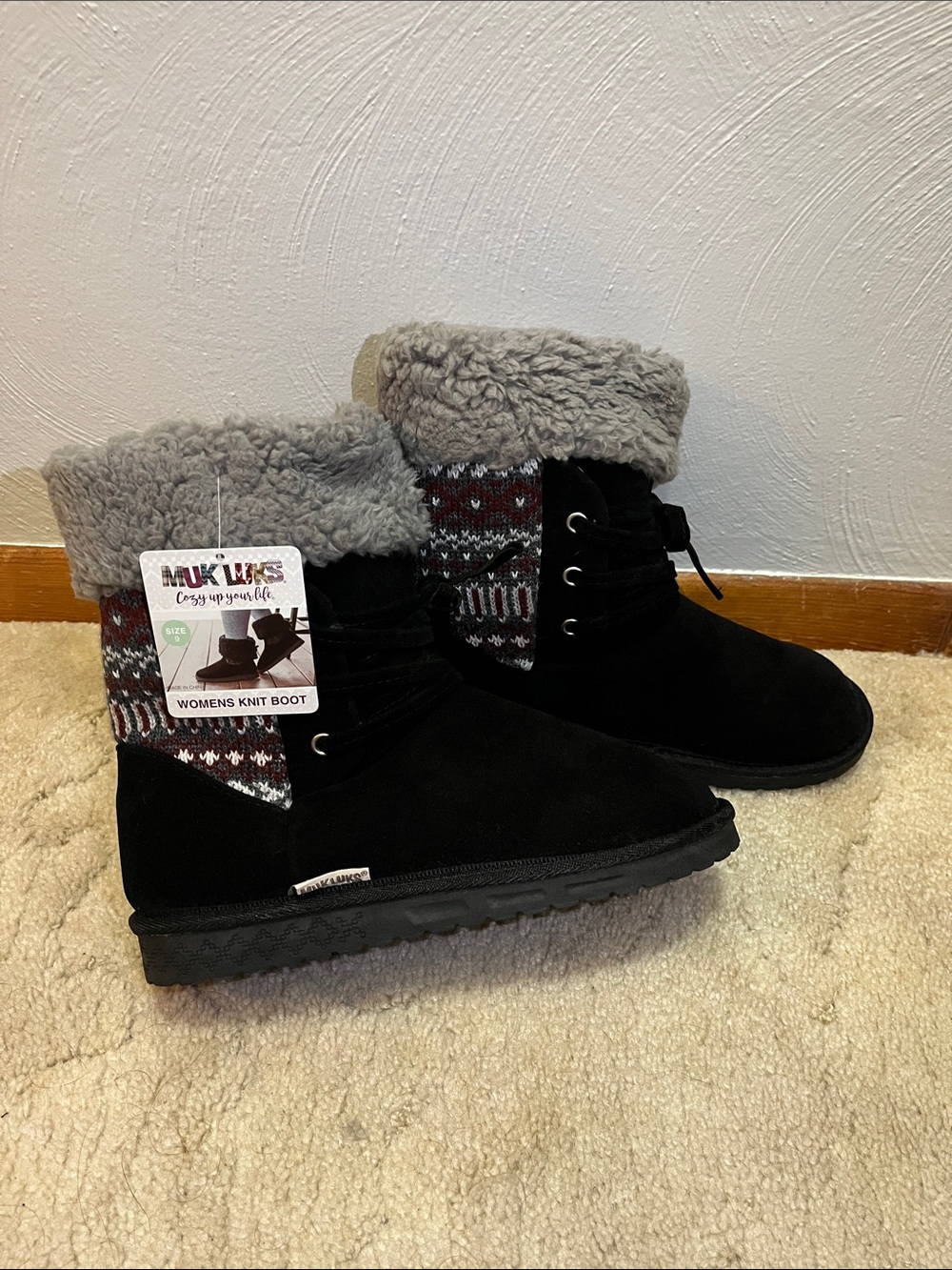 Muk Luks Black Faux-Shearling Winter Boots with Gray Cuff